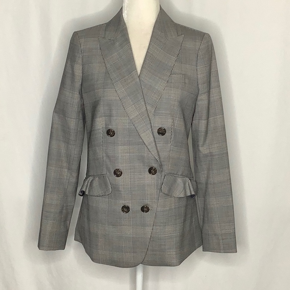 J. Crew Glen Plaid Double Breasted Wool Ruffle Pocket Blazer Jacket  Size 4